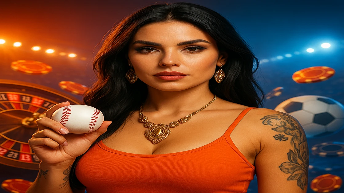 cv66 game–এর প্রোফাইল-চিত্রে দেখা এক কারিশমাটিক নারী, কমলা টপ ও ট্যাটুসহ, একটি বেসবল হাতে ধরে চারপাশে খেলার টোকেন ও উড়ন্ত ফুটবল-চিত্র ছড়িয়ে আছে।