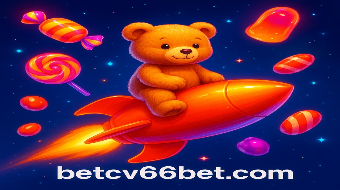 Cute teddy bear riding golden rocket surrounded by flying colorful candy and sweets in outer space.