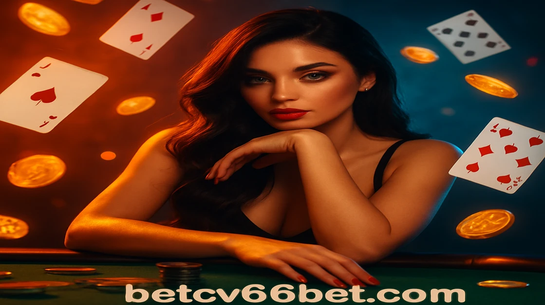 গাঢ় পোশাক পরা একটি নারী cv66 game গেমিং প্ল্যাটফর্ম টেবিলের ওপর হেলান দিয়ে দাঁড়িয়ে; চারপাশে উড়ন্ত কার্ড ও সোনা-চালিত কয়েন ছড়িয়ে রয়েছে, লগইন টেক্সট স্পষ্ট দেখা যাচ্ছে।